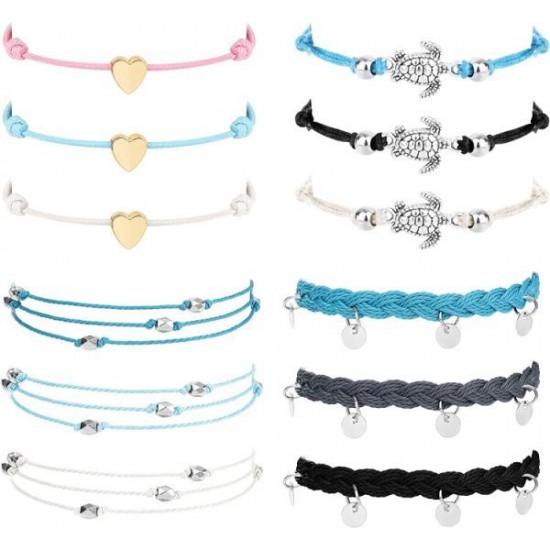 12PCS Women's Beach Turtle/Coin/Heart Ankle Bracelets Waterproof Rope Boho Layered Beach Adjustable Chain Anklet Friendship Gift